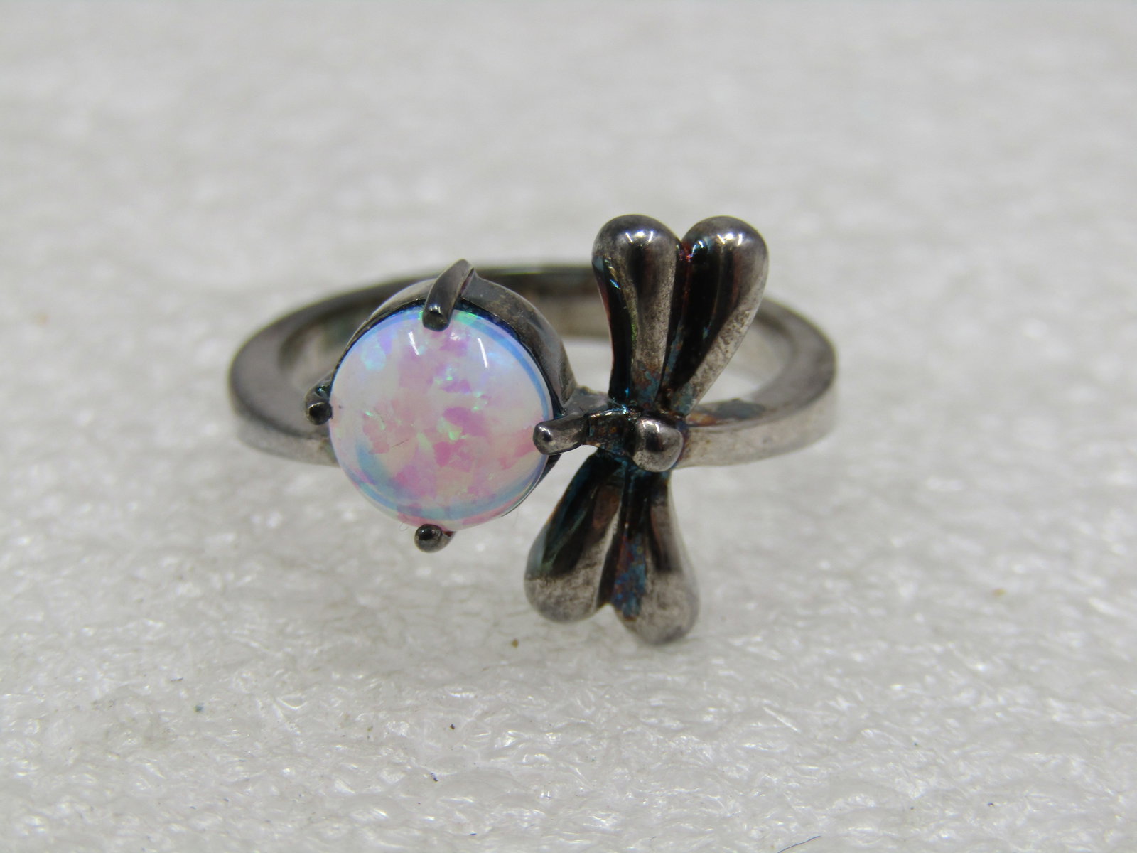 Silver Created Opal Dragonfly Ring. Size 7, marked .925 - 5