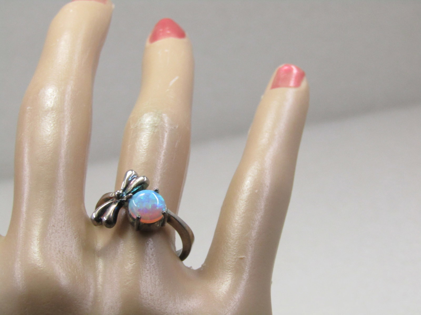Silver Created Opal Dragonfly Ring. Size 7, marked .925 - 8