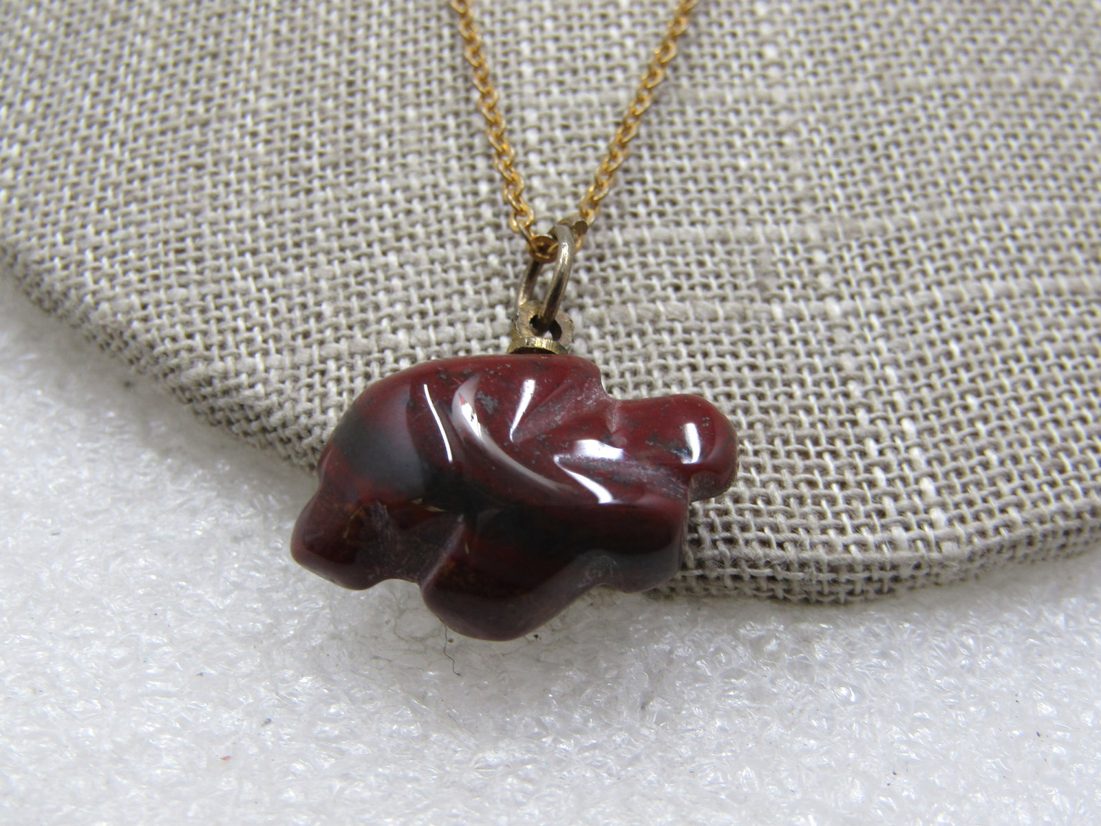 Vintage Brown Agate Carved Turtle Fetish Necklace, 18", Gold Tone Chain - 2