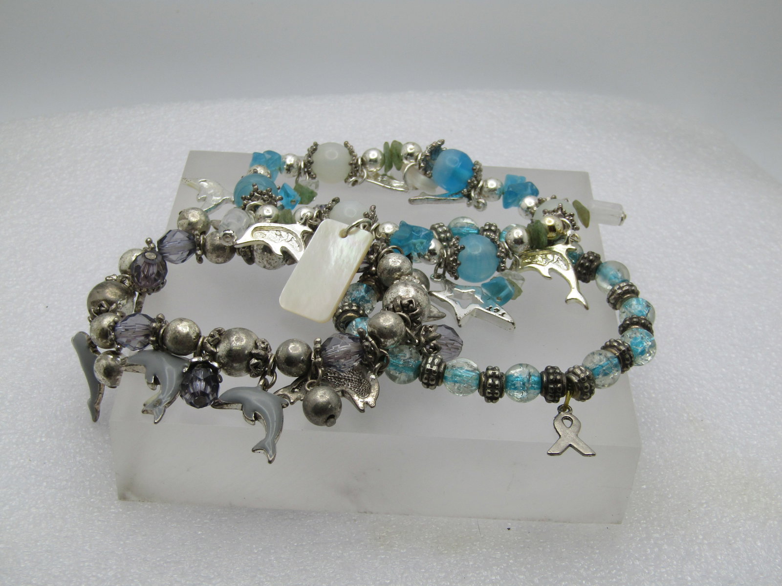 2 Dolphin Stretch Bracelets, Glass Beaded and 1 Support Bracelet - 2