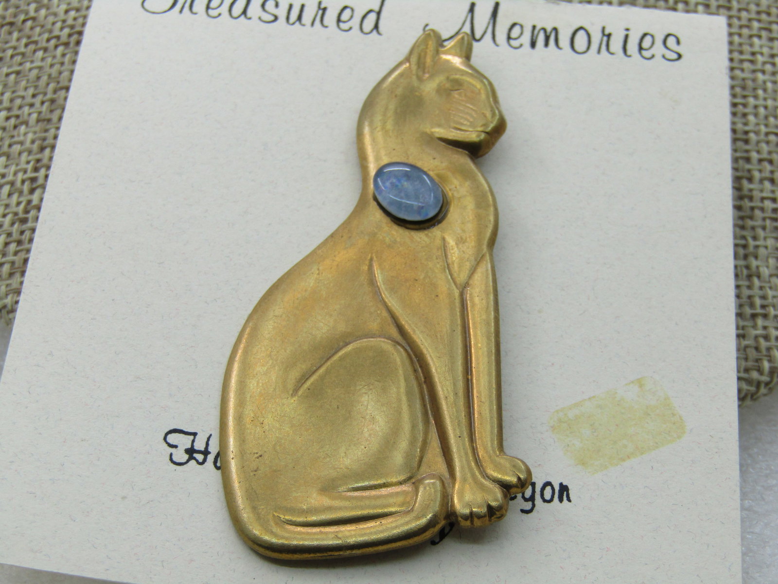 Vintage Glitzy Kitty Handcrafted Brooch, with Faux Opal , Treasured Memories on Card: Vintage Glitzy Kitty Handcrafted Brooch, with Faux Opal , Treasured Memories on Card, 2.5" tall and 1.25" wide. Item #537, on card with Time Has Meaning saying on the back and this piece is titled