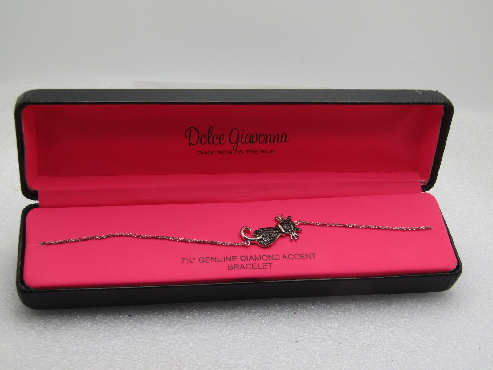 Vintage Dolce Giovanna Cat Bracelet, Black Diamond Accent, 7.25" In Box, 1990's (1 of 8)