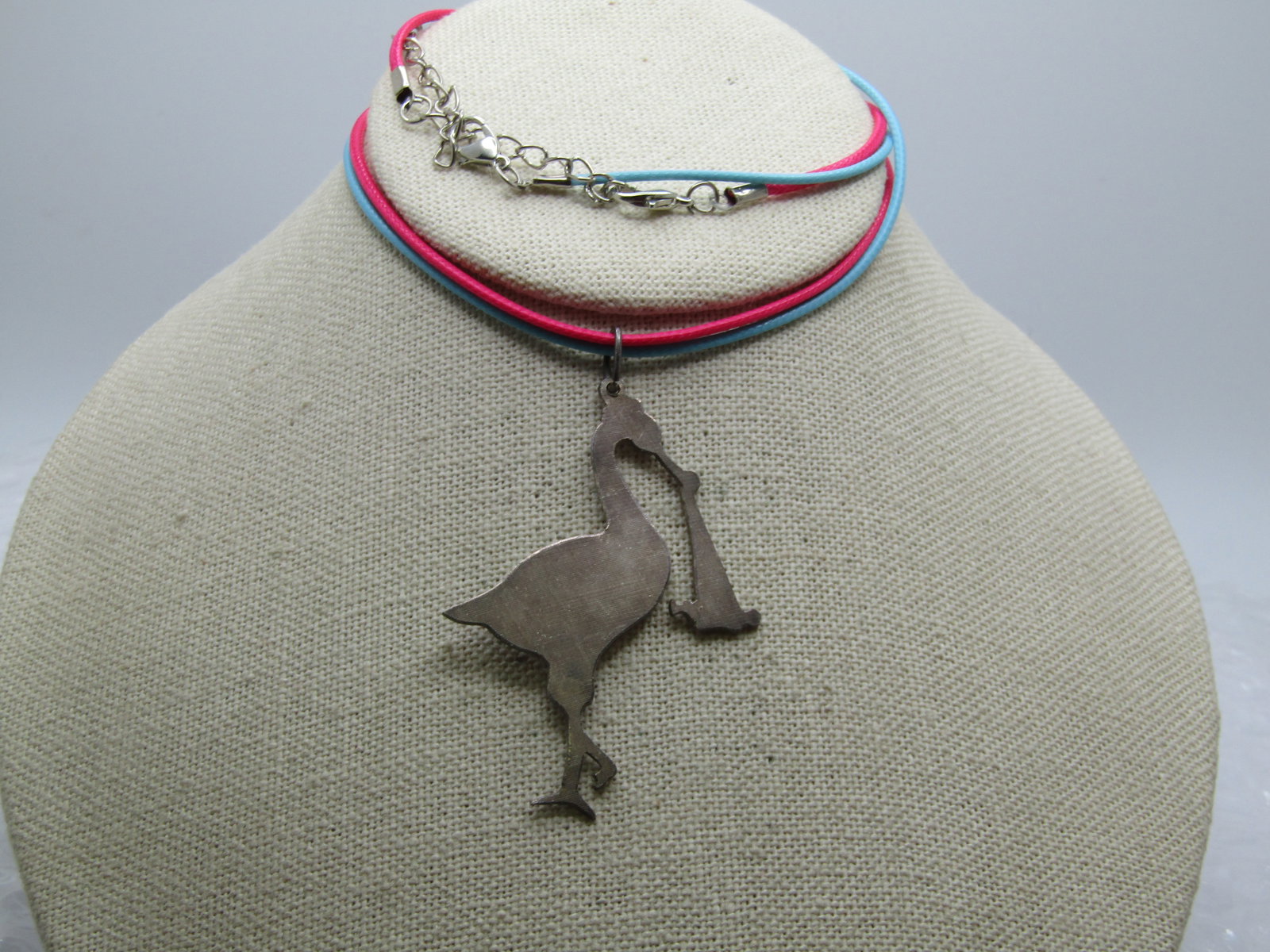 Vintage Sterling Stork & Baby Necklace, Gender Reveal, 20" (1 of 5)