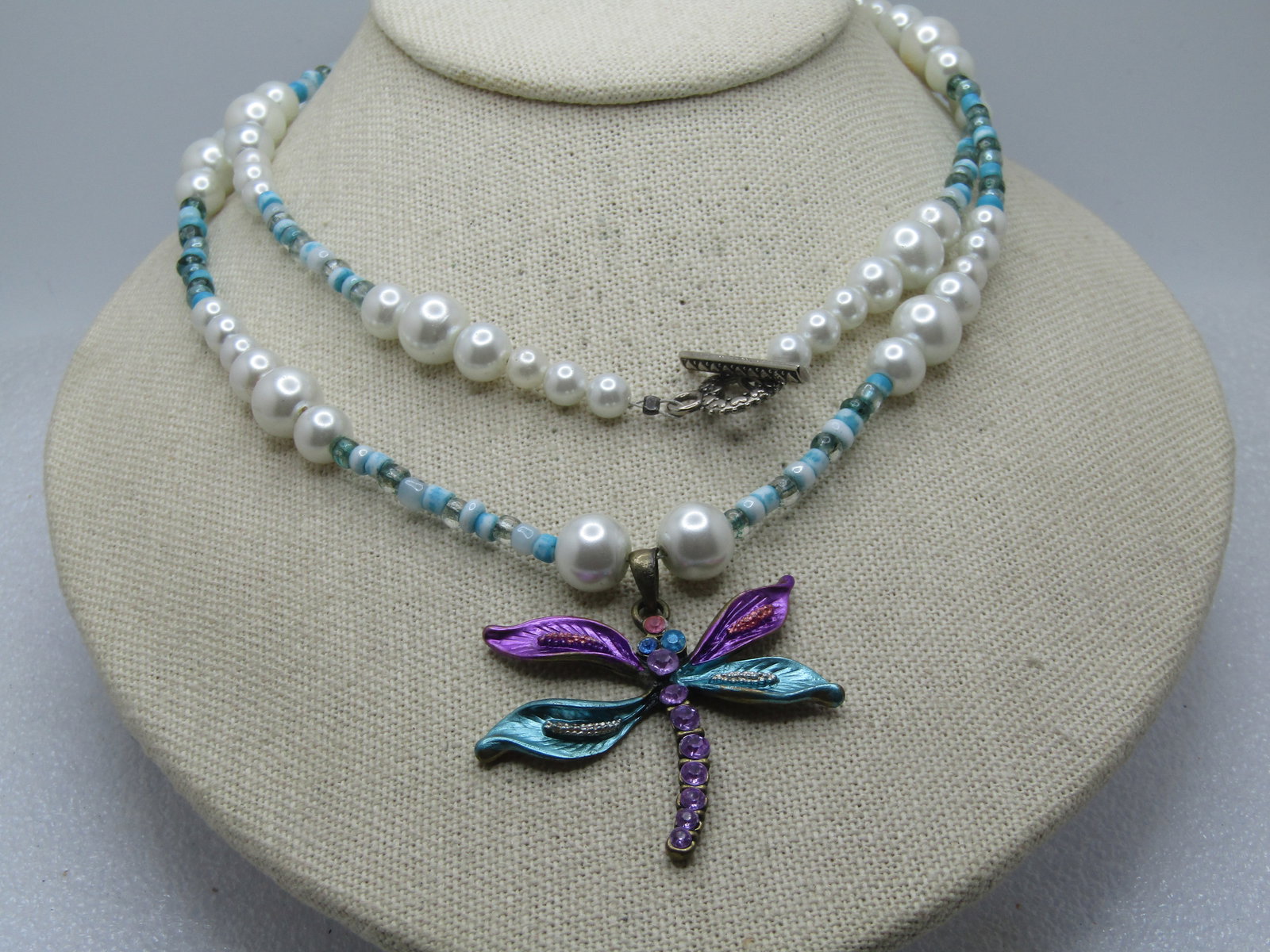 Vintage Rhinestone Dragonfly Faux Pearl Necklace, Aqua Glass Beads, 32" Toggle, 1980's-1990's - 2