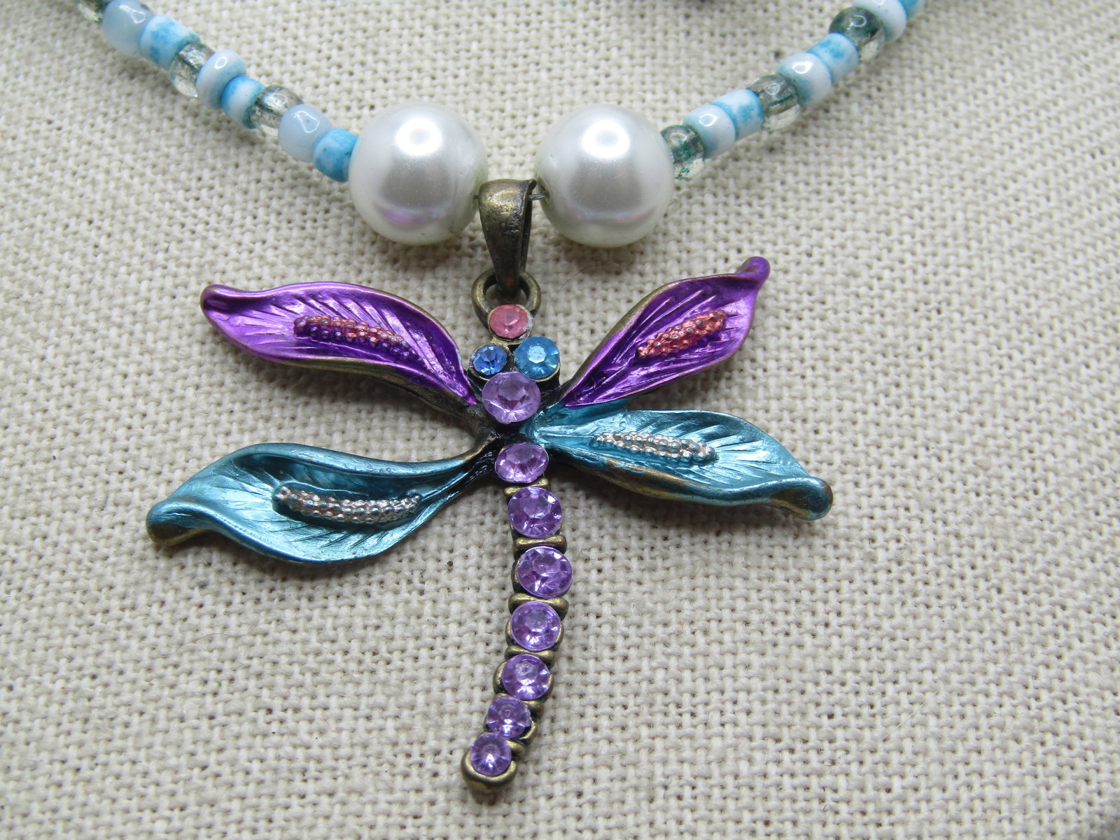 Vintage Rhinestone Dragonfly Faux Pearl Necklace, Aqua Glass Beads, 32" Toggle, 1980's-1990's - 3