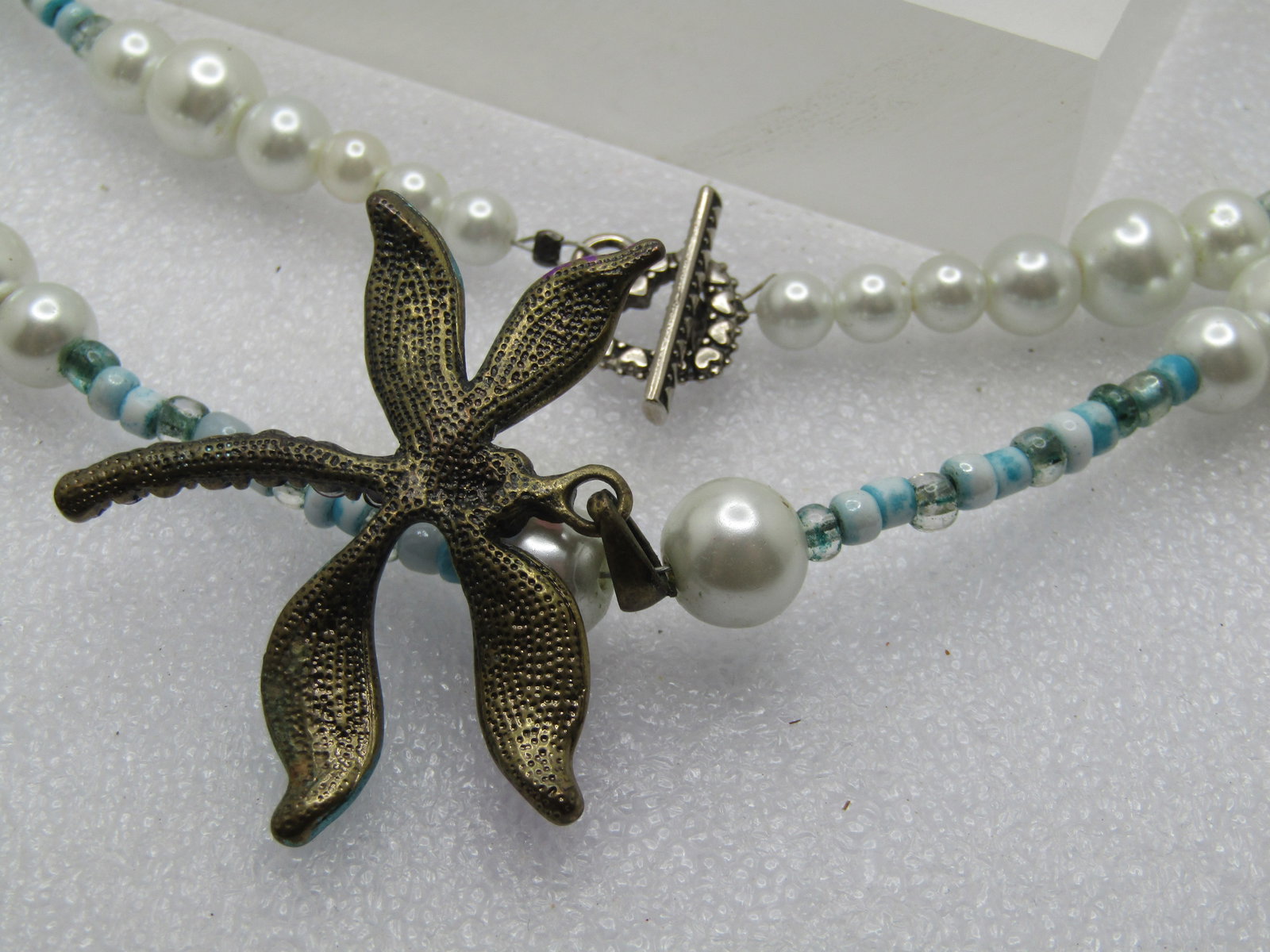 Vintage Rhinestone Dragonfly Faux Pearl Necklace, Aqua Glass Beads, 32" Toggle, 1980's-1990's - 5
