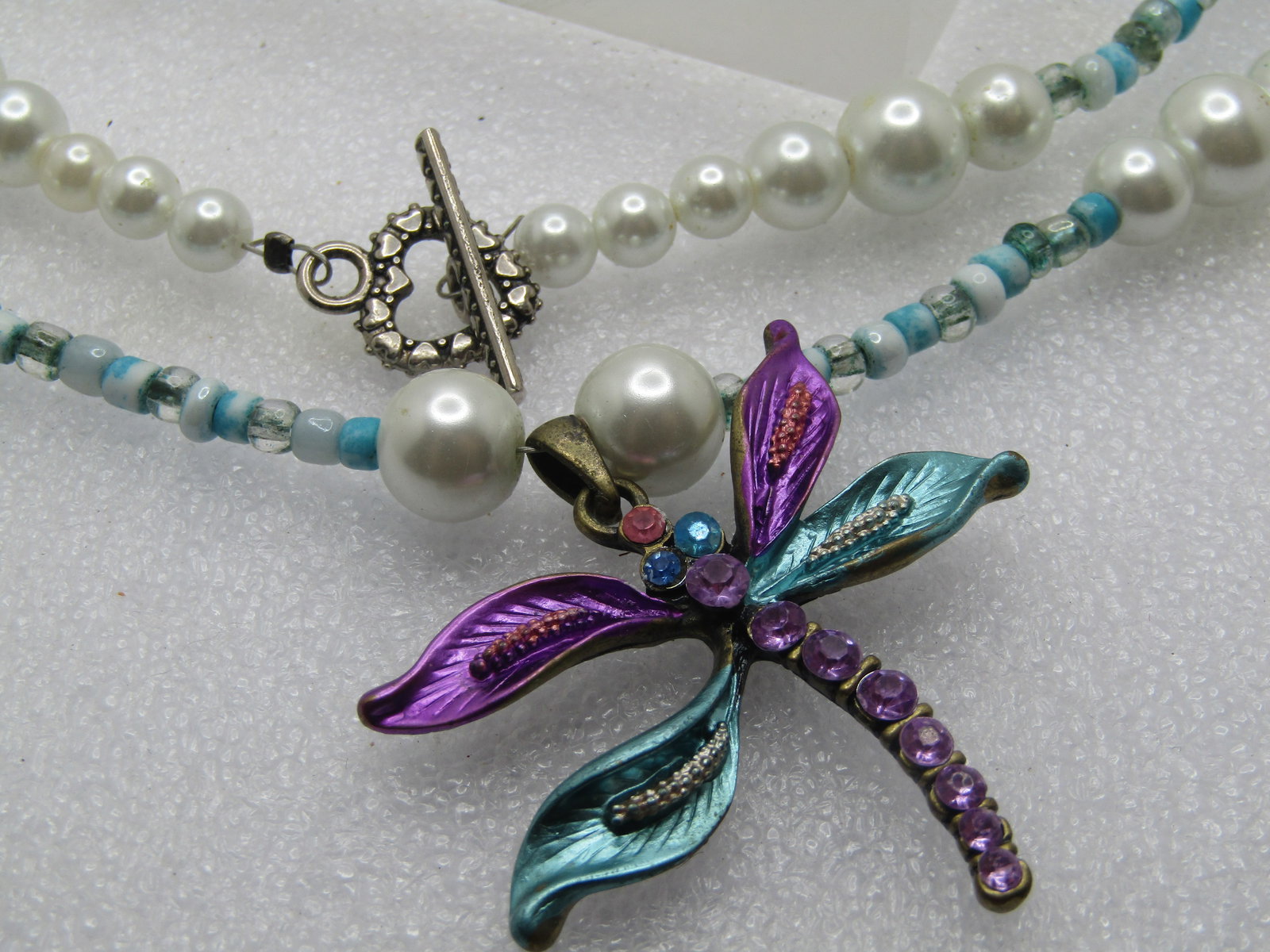 Vintage Rhinestone Dragonfly Faux Pearl Necklace, Aqua Glass Beads, 32" Toggle, 1980's-1990's - 6