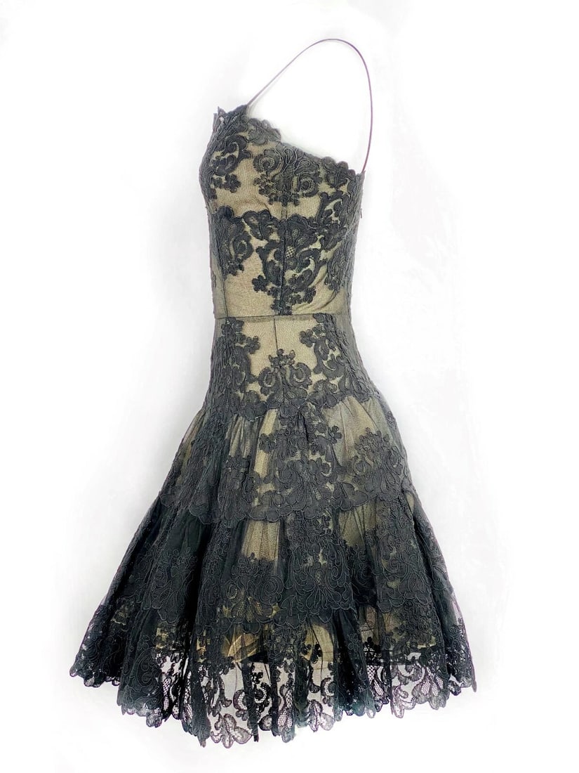 Vintage VICKY TIEL Couture Paris Black Floral Lace Sleeveless Mini Dress Size S - 4