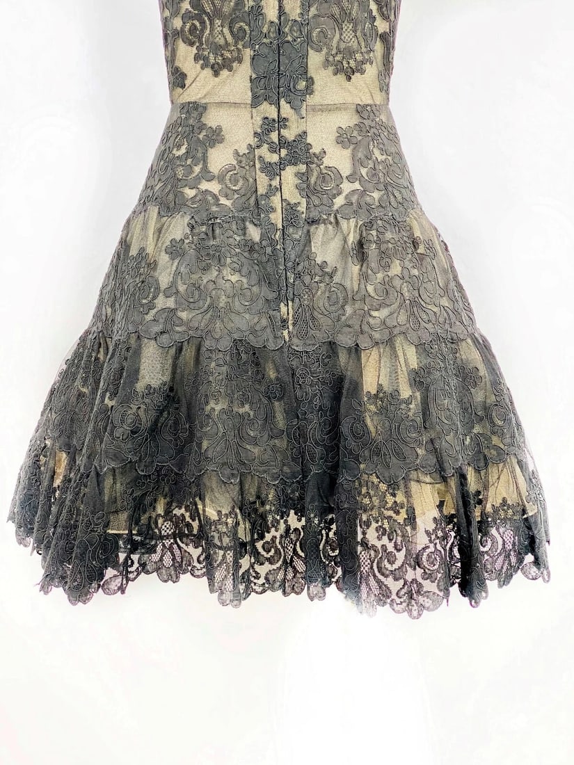 Vintage VICKY TIEL Couture Paris Black Floral Lace Sleeveless Mini Dress Size S - 7