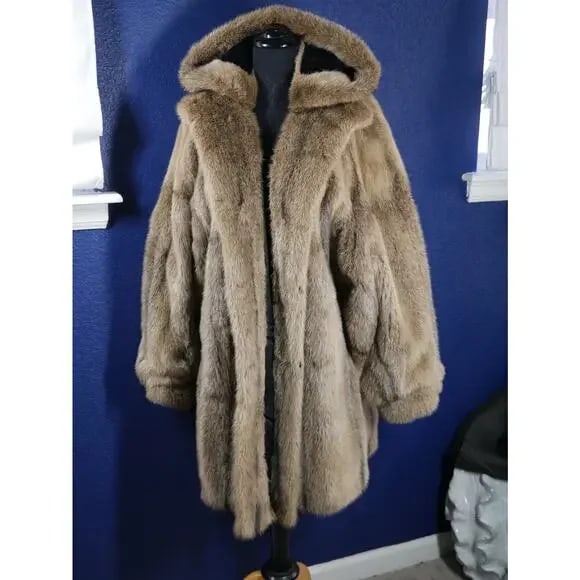 Gorgeous Unique Taupe Dyed Cross Mink Hooded Fur Coat Jacket - 2