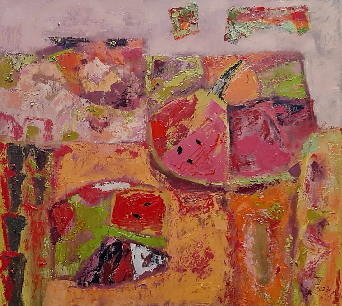 Abstract Oil painting Watermelon is the taste of freedom Tetyana Shulyak: Title: Abstract Oil painting Watermelon is the taste of freedom Tetyana Shulyak Description: 18Sl Painter: Tetyana Shulyak Size: 50x55 cm/19.68x21.65 inches Components: oil, canvas Original