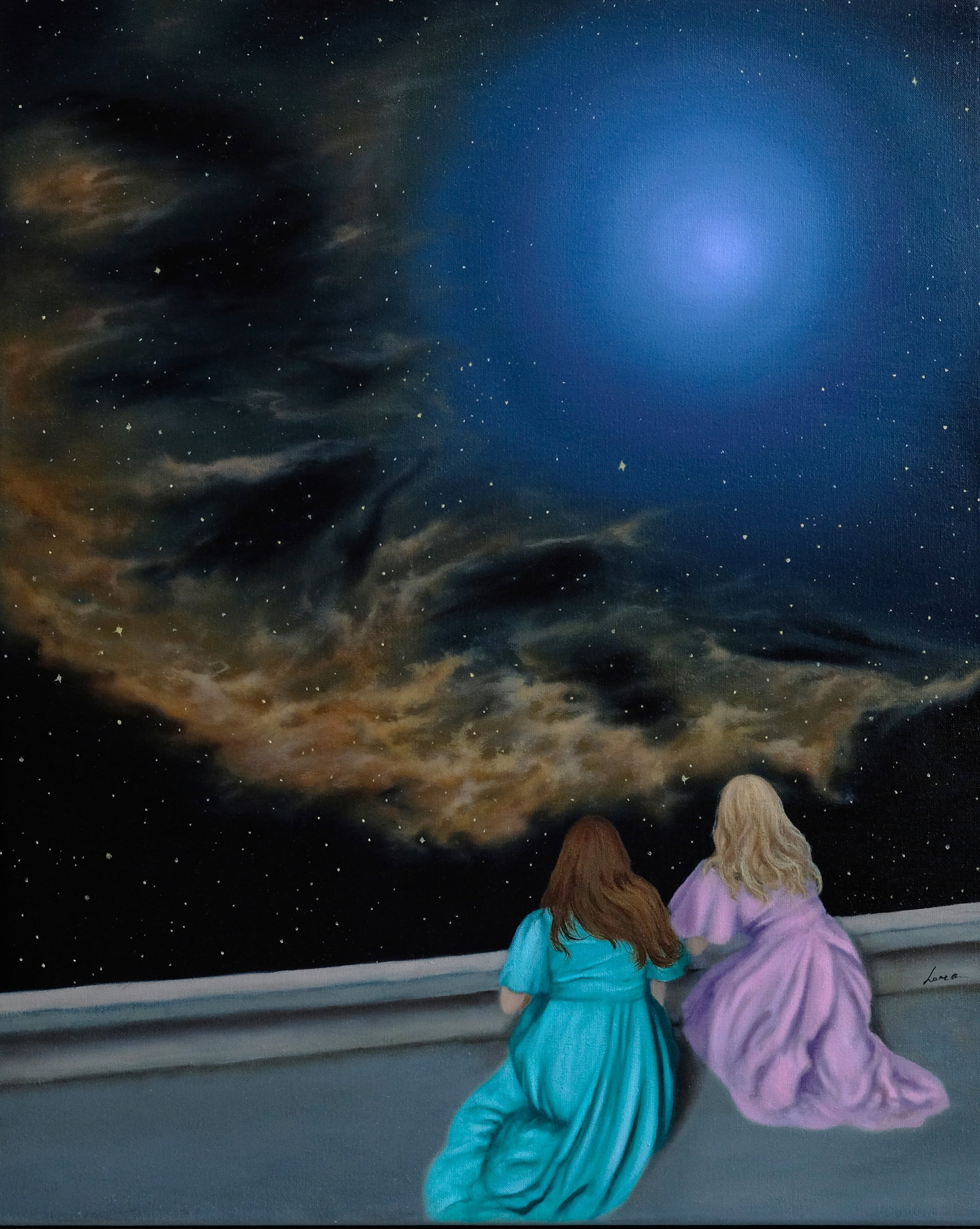 Oil painting Girls and stars Ukrainian painter: Title: Oil painting Girls and stars Ukrainian painter Description: 04Stl Painter: Larysa S. Size: 50x40 cm/ 19.7x15.7 inches Components: oil, canvas Original painting CONDITION: exellent ERA: