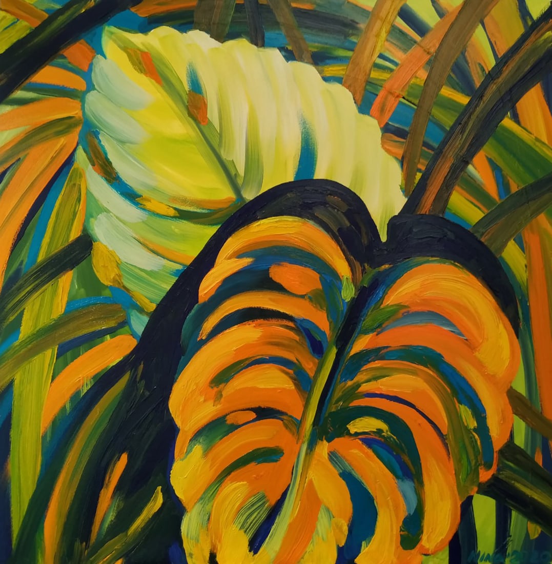 Oil painting Wild tropics Nina L: Title: Oil painting Wild tropics Nina L Description: 99Lt Painter: Nina L. Size: 100x100 cm/ 39.37x39.37 inches Components: oil, canvas Original painting CONDITION: exellent ERA: 2021 