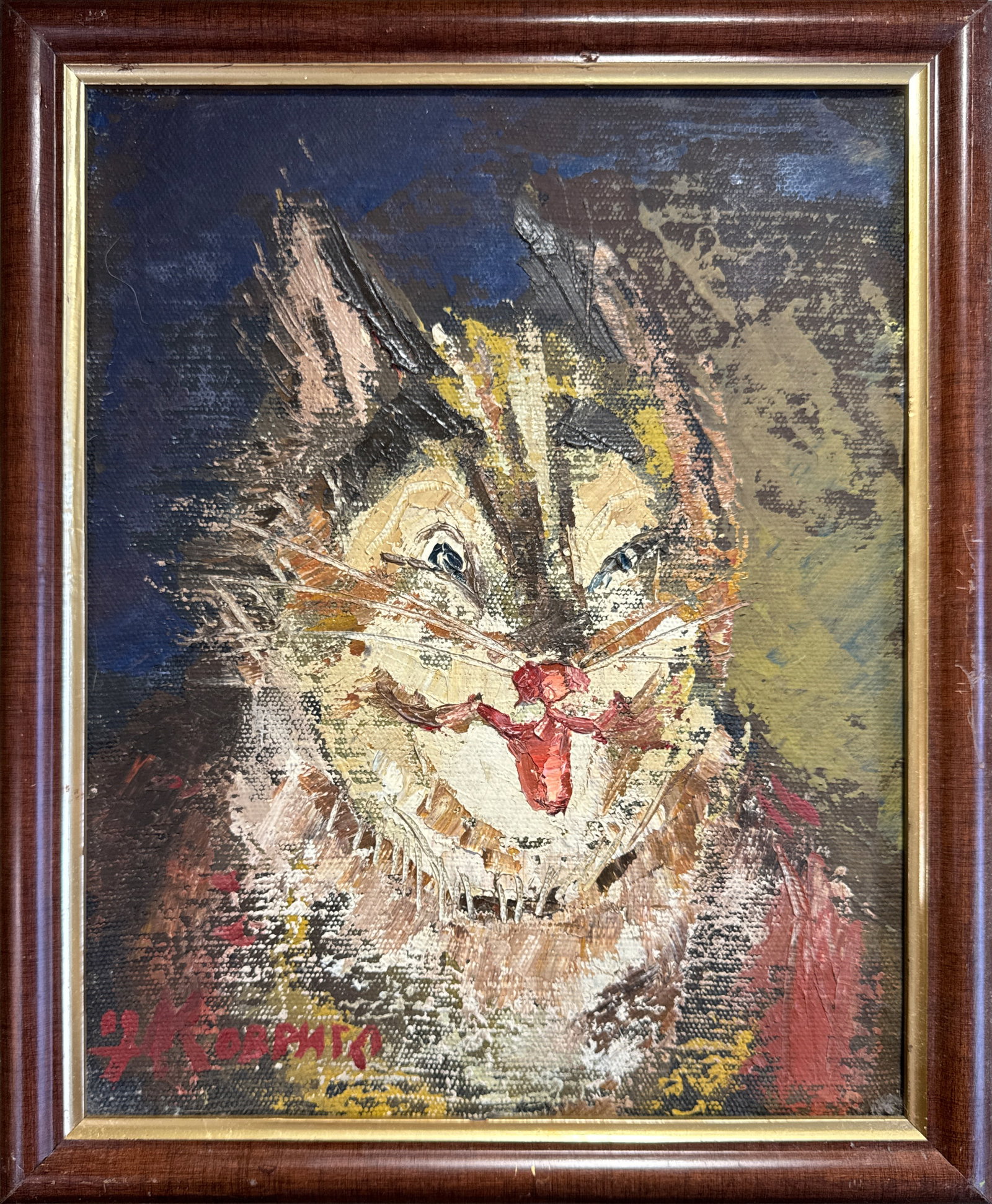 Oil painting with frame kitty K. Leonid: Title: Oil painting with frame kitty K. Leonid Description: 105KK Painter: K. Leonid Size: 30x24 cm/ 11.81x9.44 inches Components: oil, acrylic, canvas Original painting CONDITION: exellent ERA:2009 A