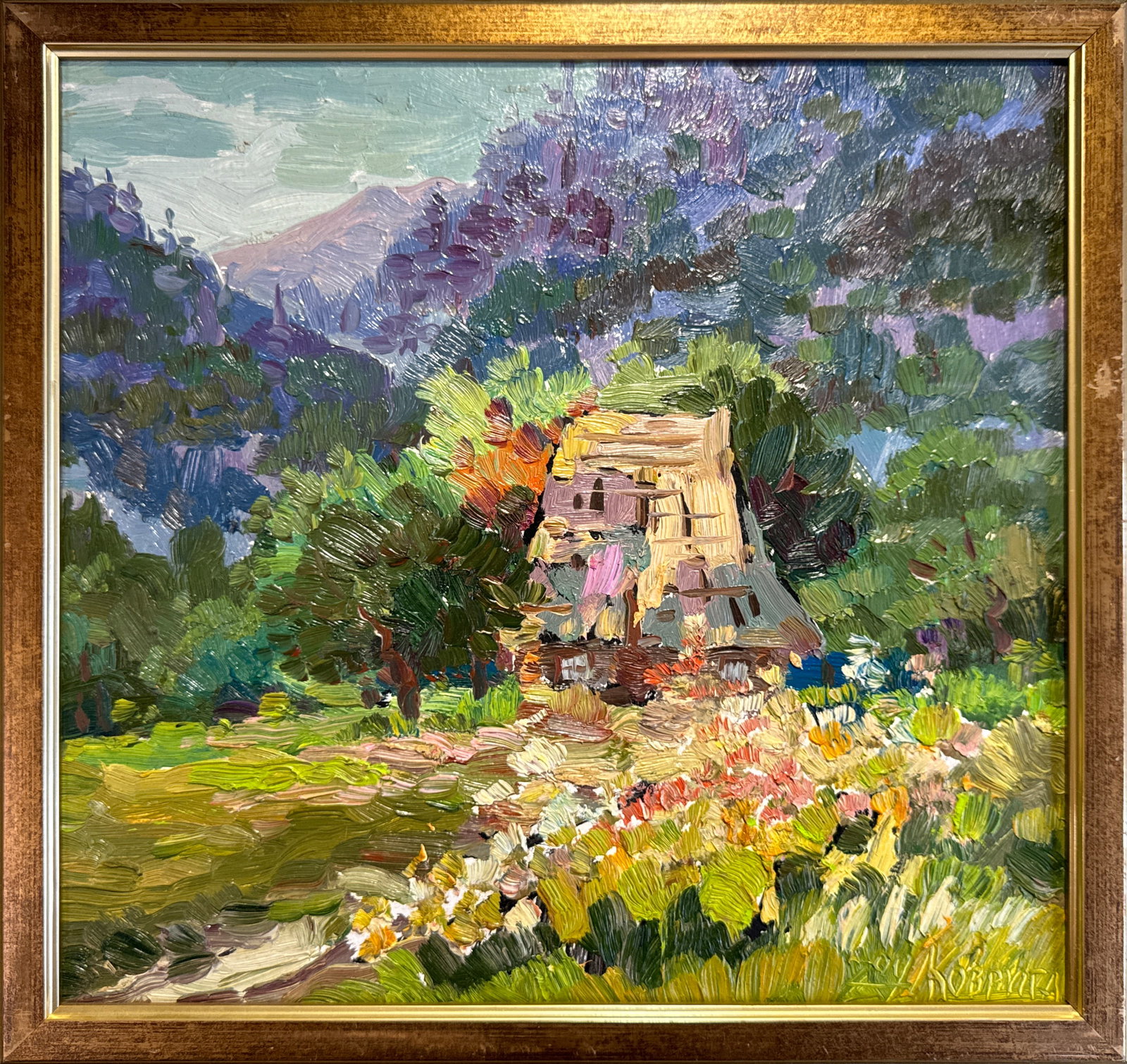 Oil painting with frame An old house K. Leonid: Title: Oil painting with frame An old house K. Leonid Description: 109KK Painter: K. Leonid Size: 30x32 cm/ 11.81x12.59 inches Components: oil, fiberboard Original painting CONDITION: exellent