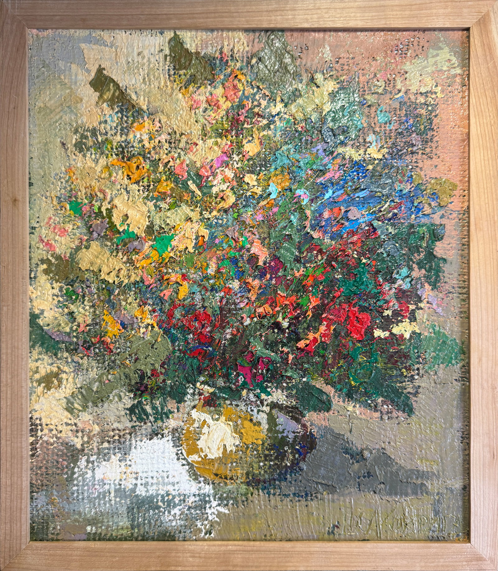 Oil painting with frame Flowers K. Leonid: Title: Oil painting with frame Flowers K. Leonid Description: 132KK Painter: K. Leonid Size: 40x34 cm/ 15.74x13.38 inches Components: oil, canvas, fiberboard Original painting CONDITION: