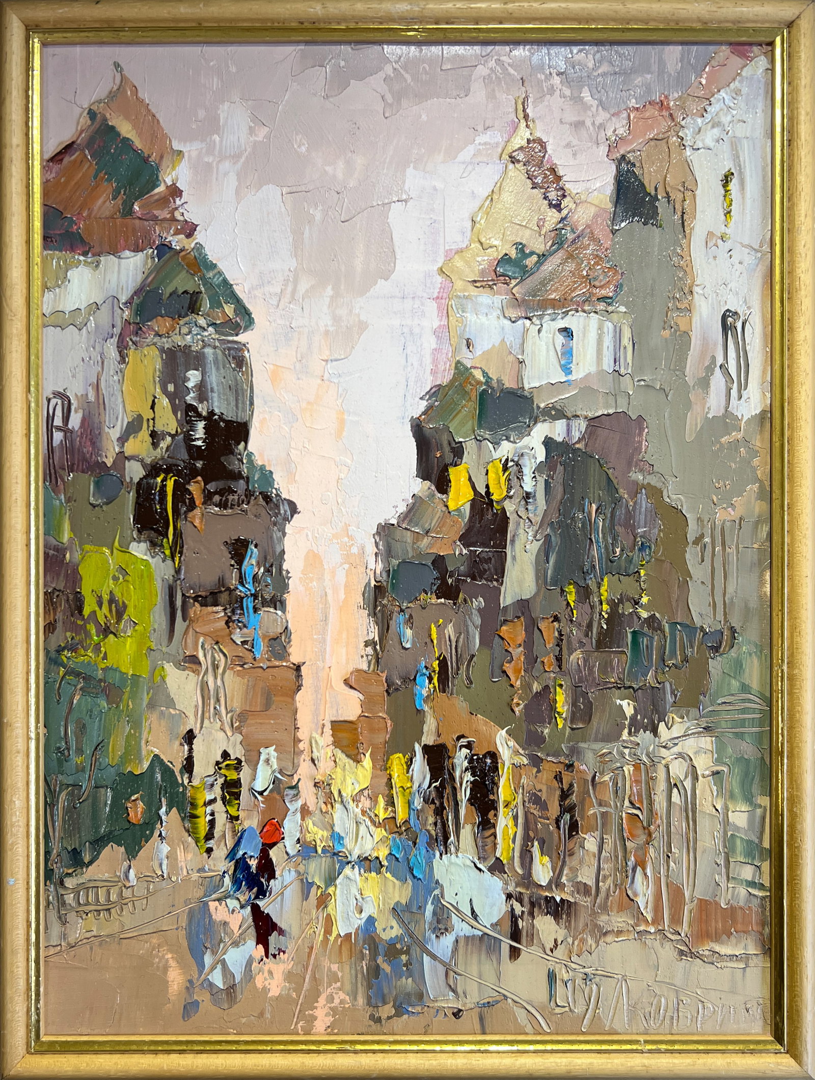 Oil painting with frame city K. Leonid: Title: Oil painting with frame city K. Leonid Description: 167KK Painter: K. Leonid Size: 35x26.5 cm/ 13.77x10.43 inches Components: oil, canvas, cardboard Original painting CONDITION: exellent ERA:20