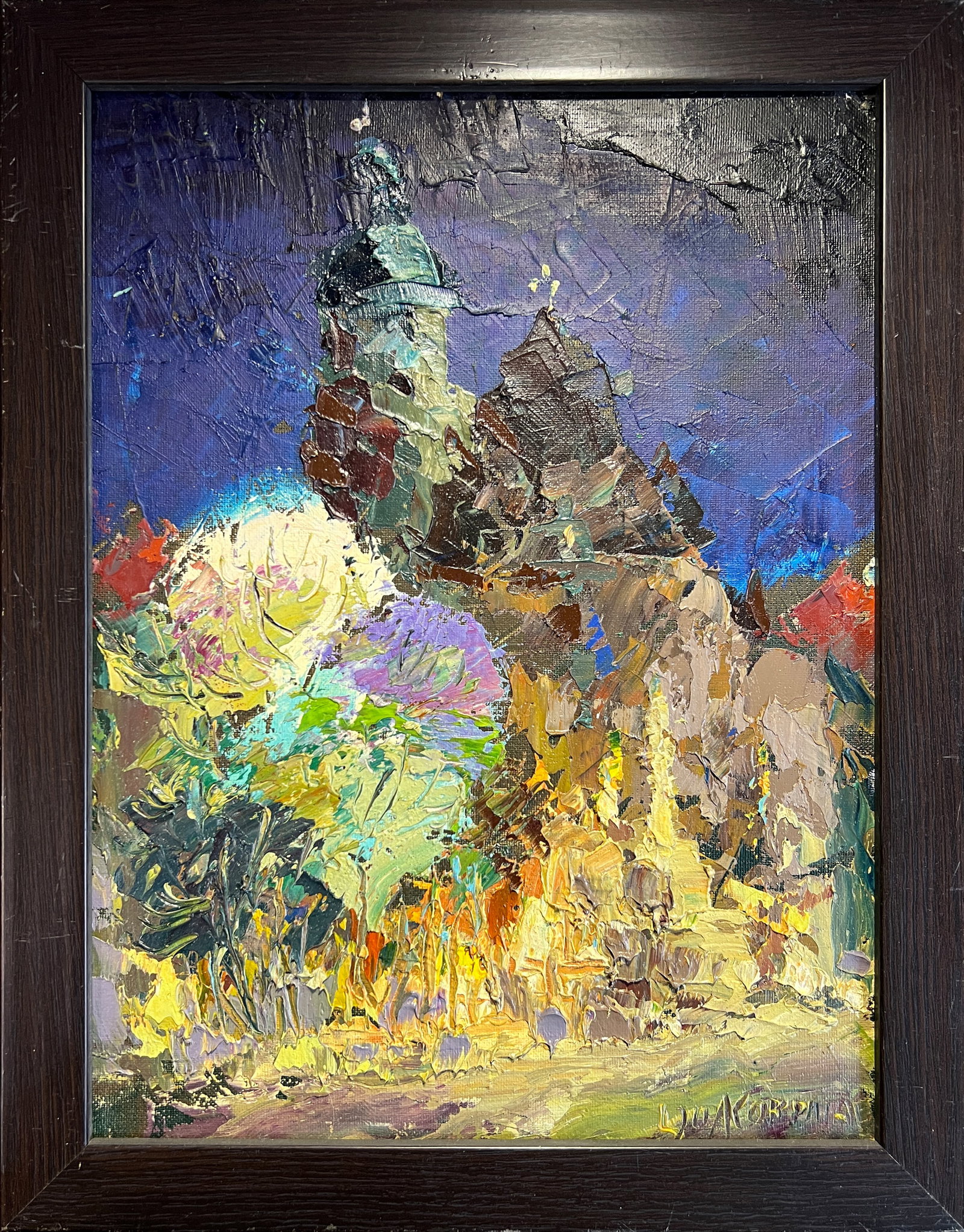 Abstract Oil painting with frame Lviv, Bernardine Monastery, Night K. Leonid: Title: Abstract Oil painting with frame Lviv, Bernardine Monastery, Night K. Leonid Description: 180KK Painter: K. Leonid Size: 40x30 cm/ 15.74x11.81 inches Components: oil, canvas, cardboard 