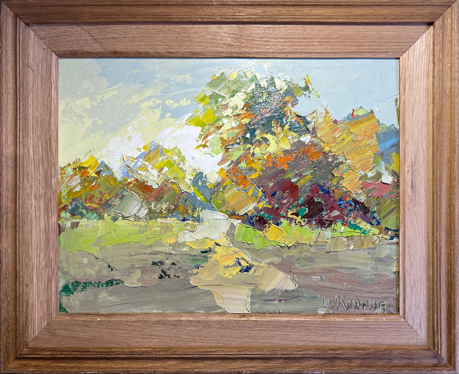 Oil painting with frame Landscape K. Leonid: Title: Oil painting with frame Landscape K. Leonid Description: 192KK Painter: K. Leonid Size: 30x40 cm/ 11.81x15.74 inches Components: oil, canvas, cardboard Original painting CONDITION: