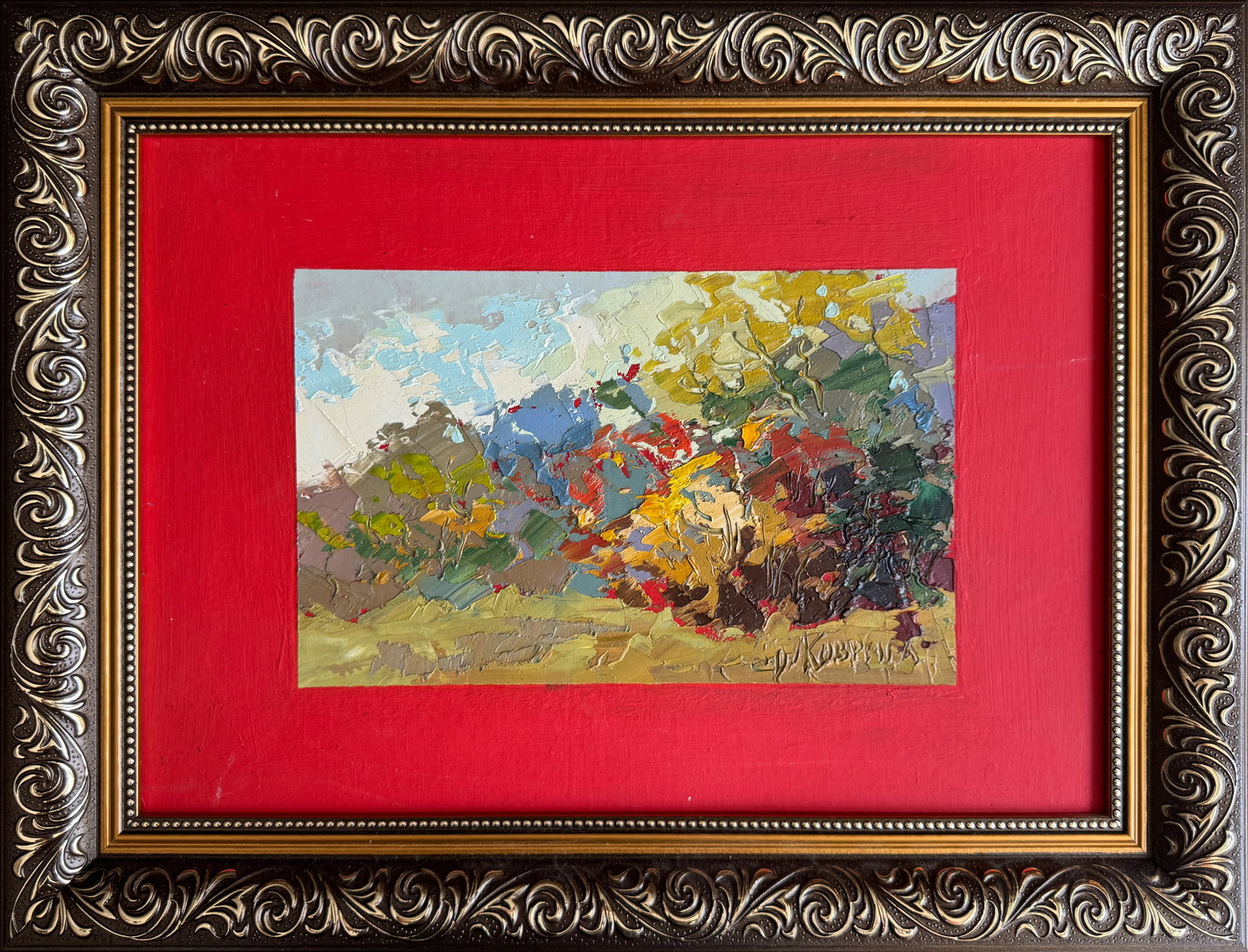 Oil painting with frame Autumn K. Leonid: Title: Oil painting with frame Autumn K. Leonid Description: 211KK Painter: K. Leonid Size: 29x40 cm/ 11.41x15.74 inches Components: oil, canvas, cardboard Original painting CONDITION: exellent ERA:20