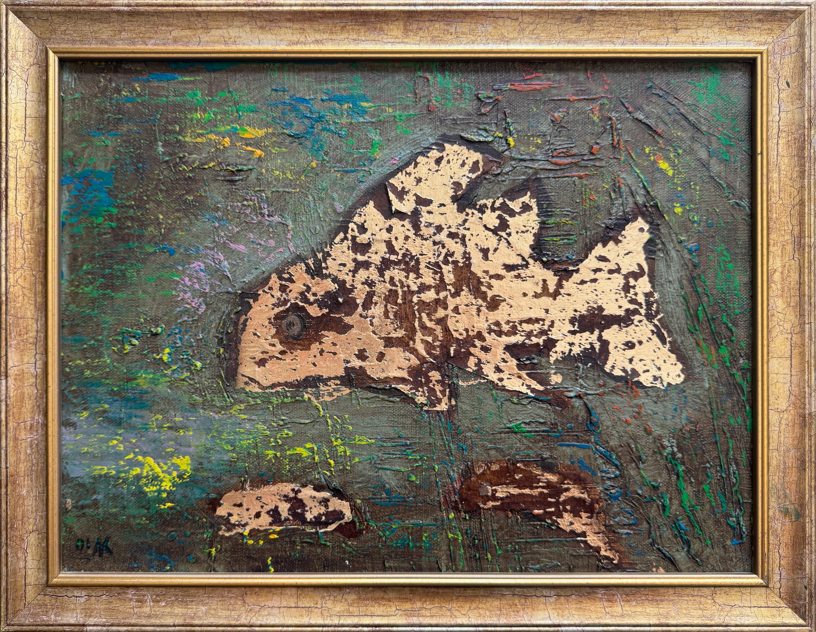 Oil painting with frame Fish K. Leonid: Title: Oil painting with frame Fish K. Leonid Description: 255KK Painter: K. Leonid Size: 30x40 cm/ 11.81x15.74 inches Components: oil, canvas Original painting CONDITION: exellent ERA:2001 