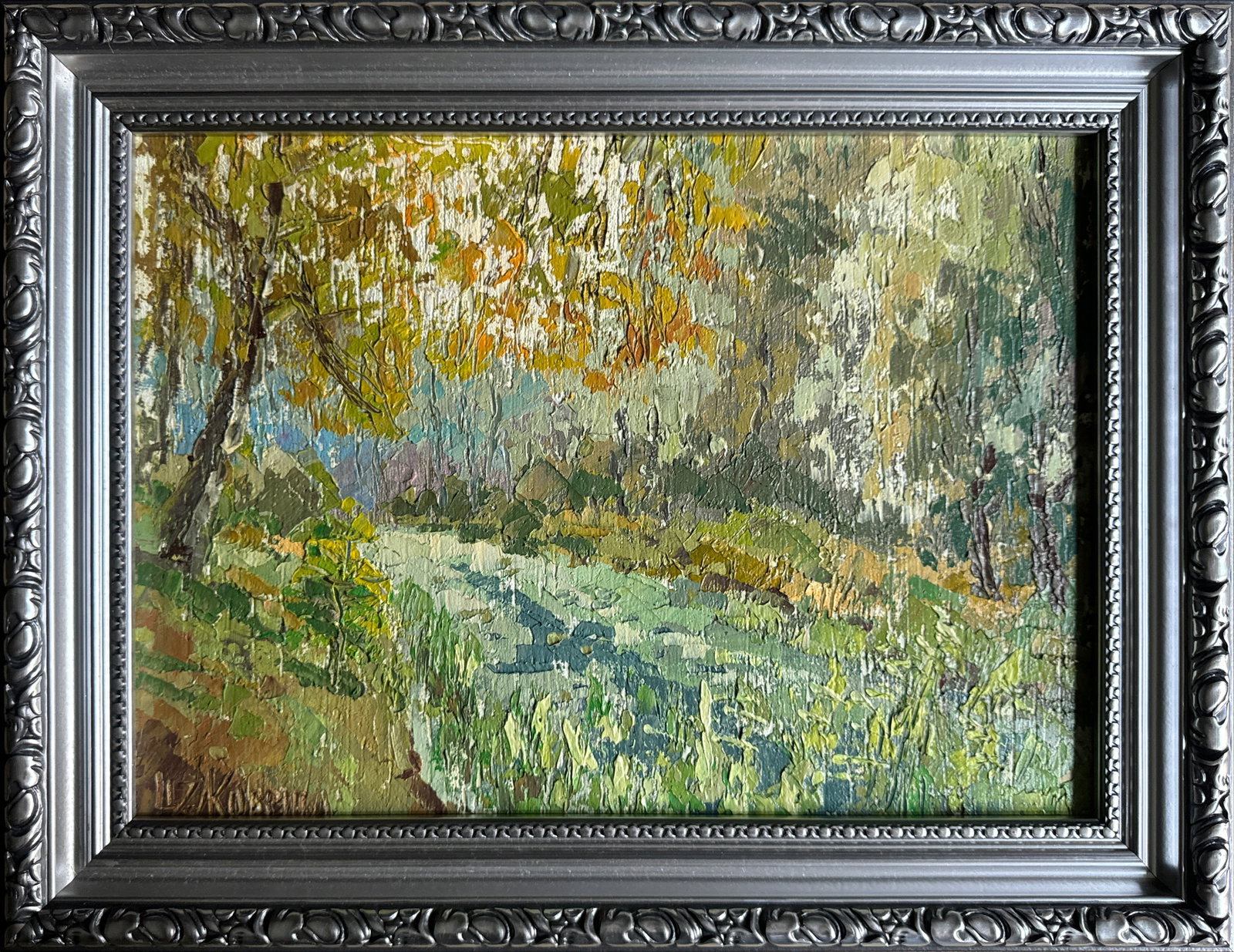 Oil painting with frame Pond K. Leonid: Title: Oil painting with frame Pond K. Leonid Description: 334KK Painter: K. Leonid Size: 29x40 cm/ 11.41x15.74 inches Components: oil, vinyl, fiberboard Original painting CONDITION: exellent 