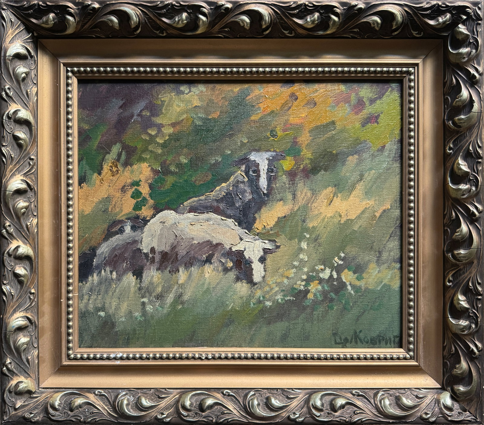 Oil painting with frame sheep K. Leonid: Title: Oil painting with frame sheep K. Leonid Description: 445KK Painter: K. Leonid Size: 36.5x44 cm/ 14.37x17.32 inches Components: oil, canvas, cardboard Original painting CONDITION: