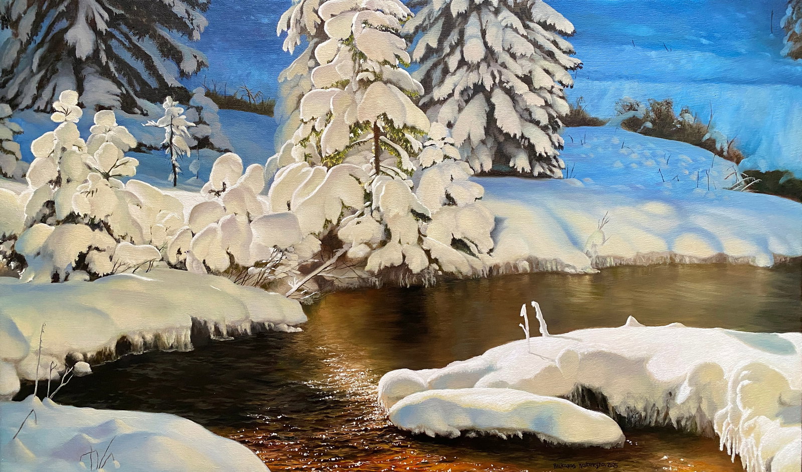 Oil painting Winter forest Kateryna Bukuros: Title: Oil painting Winter forest Kateryna Bukuros Description: 5BUKUR Painter: Kateryna Bukuros Size: 45x75 cm/17.71x29.52 inches Components: oil, canvas Original painting CONDITION: excellent 