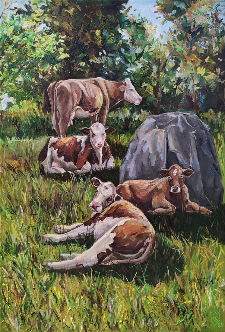Oil painting Carefree cows with a stone Oksana Sklym: Title: Oil painting Carefree cows with a stone Oksana Sklym Description: 3SKLIM Painter: Oksana Sklym Size: 70x50 cm/27.55x19.68 inches Components: oil, canvas Original painting CONDITION: