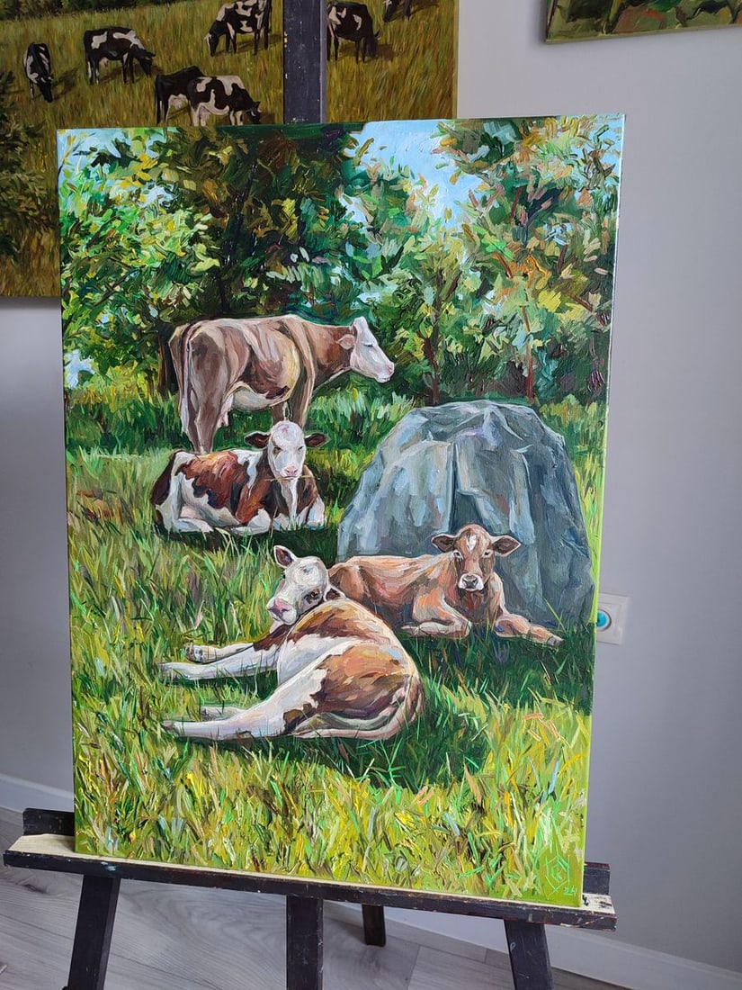 Oil painting Carefree cows with a stone Oksana Sklym - 2