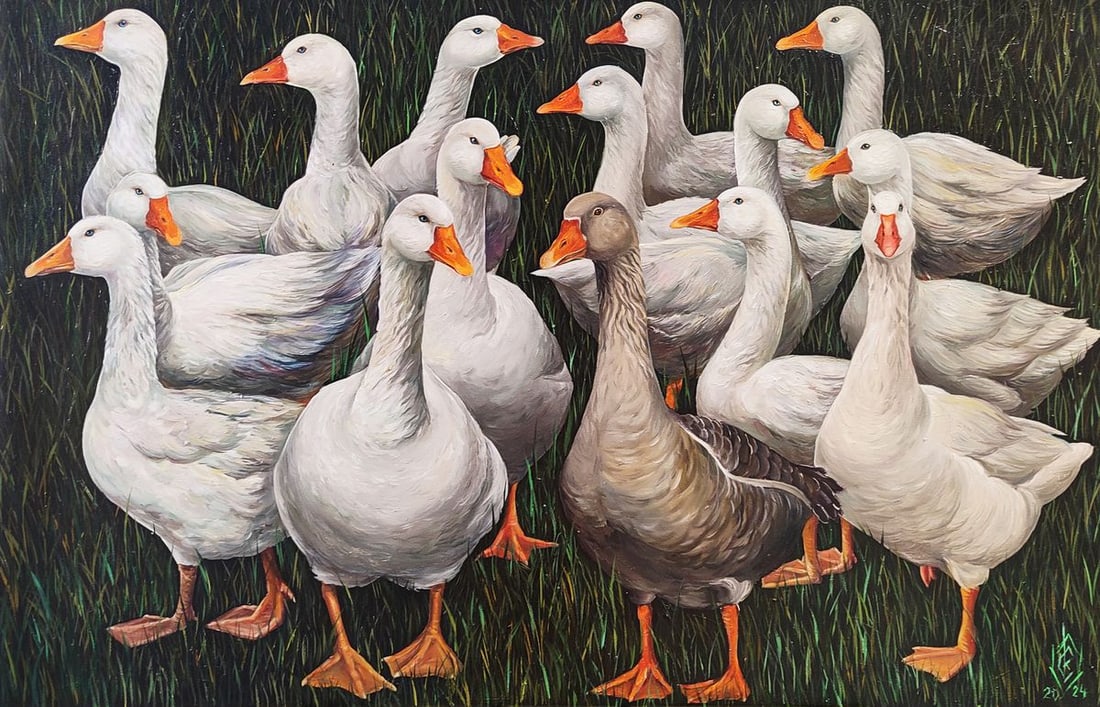 Oil painting Portrait of Geese Oksana Sklym: Title: Oil painting Portrait of Geese Oksana Sklym Description: 17SKLIM Painter: Oksana Sklym Size: 70x110 cm/27.55x43.30 inches Components: oil, acrylic, canvas Original painting CONDITION: excellent