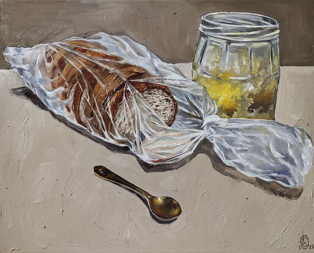Oil painting Lunch snack with bread Oksana Sklym: Title: Oil painting Lunch snack with bread Oksana Sklym Description: 20SKLIM Painter: Oksana Sklym Size: 40x50 cm/15.74x19.68 inches Components: oil, canvas Original painting CONDITION: excellent ARTI