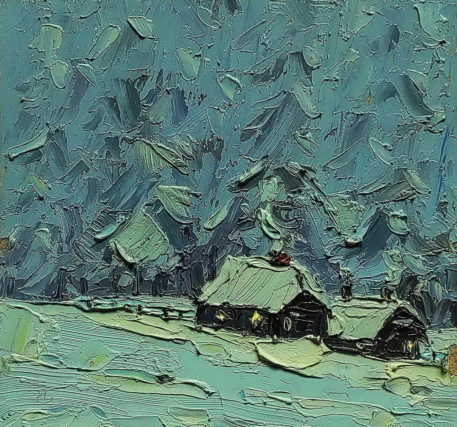 Oil painting Village under the mountain Yaroslav Savchyn: Title: Oil painting Village under the mountain Yaroslav Savchyn Description: 92SAVCH Painter: Yaroslav Savchyn Size: 14x15 cm/5.51x5.90 inches Components: oil, hardboard Original painting CONDITION: e