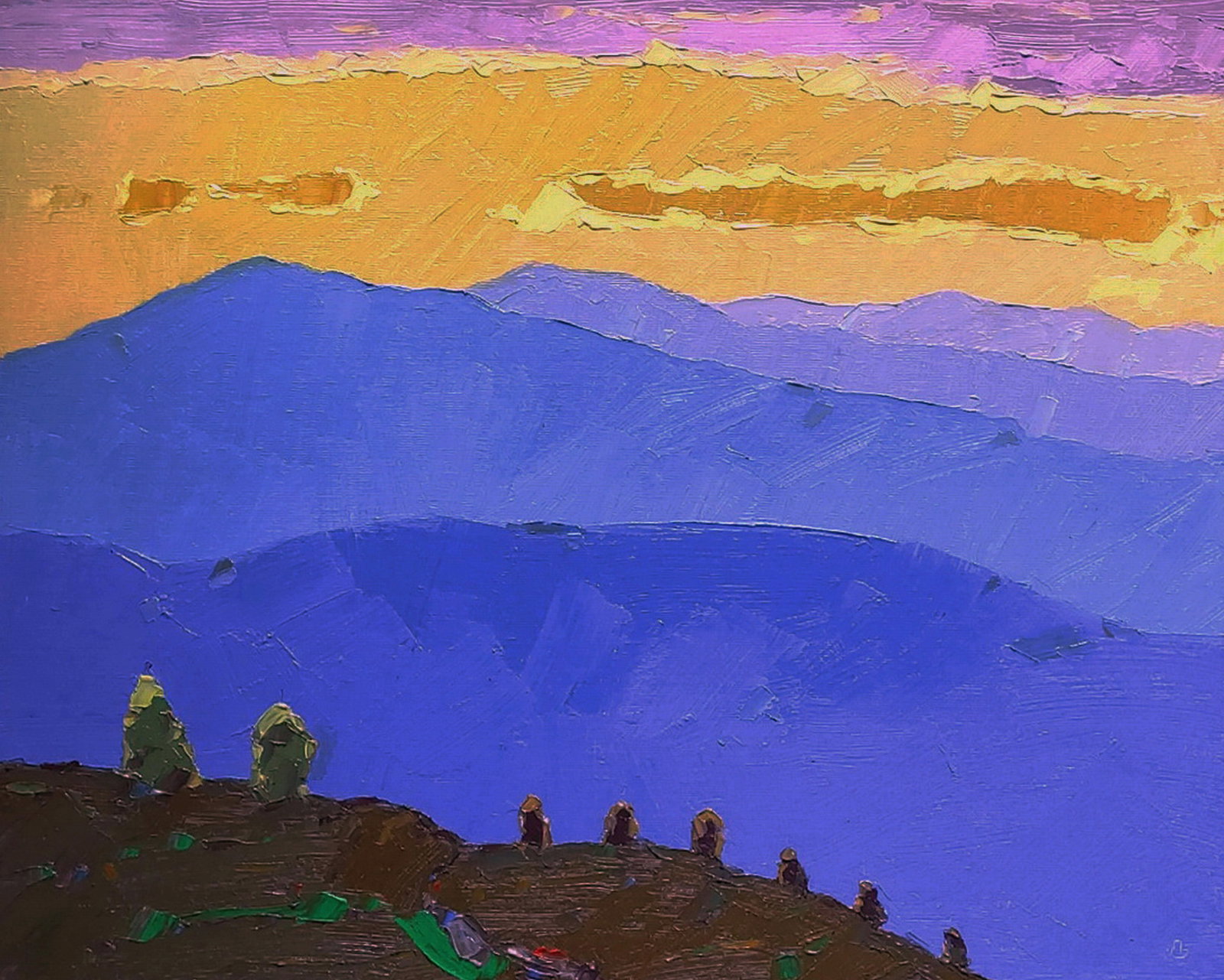 Oil painting Mountain sunset Yaroslav Savchyn: Title: Oil painting Mountain sunset Yaroslav Savchyn Description: 97SAVCH Painter: Yaroslav Savchyn Size: 40x50 cm/15.74x19.68 inches Components: oil, canvas on cardboard Original painting CONDITION: