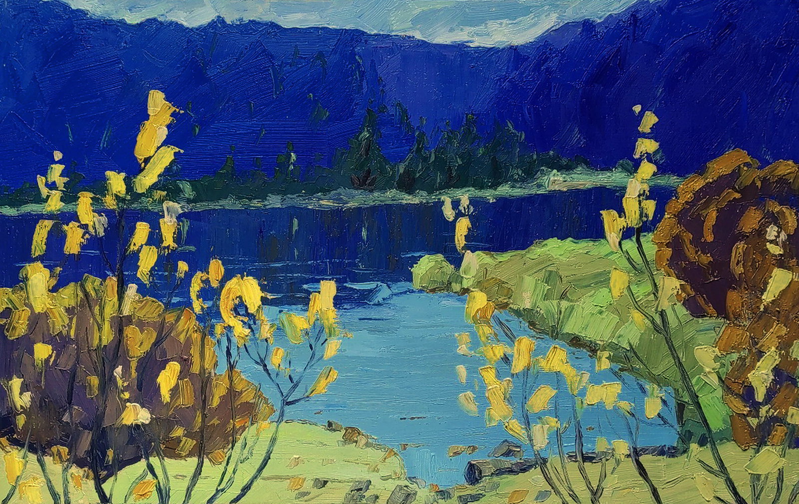 Oil painting Mountain lake Yaroslav Savchyn: Title: Oil painting Mountain lake Yaroslav Savchyn Description: 103SAVCH Painter: Yaroslav Savchyn Size: 42x66 cm/16.53x25.98 inches Components: oil, canvas Original painting CONDITION: excellent ARTI