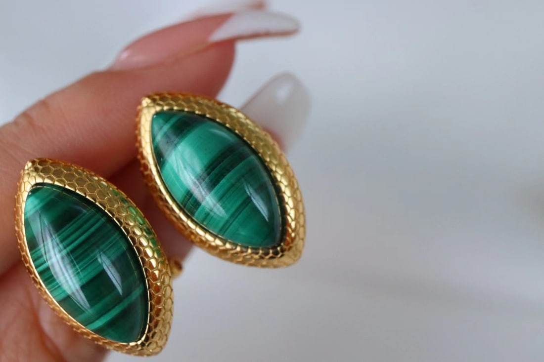 925 silver gold-plated peacock stone ear studs - 2