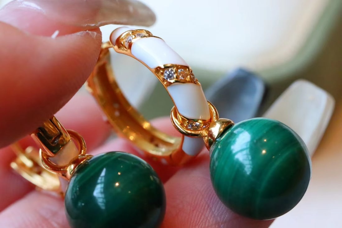 Gold-plated silver peacock stone earrings - 5