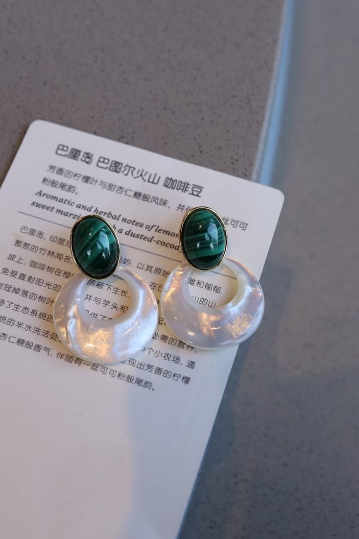 925 silver plated with 18k gold, white mother of pearl and peacock stone earrings - 2