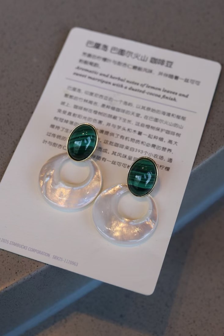 925 silver plated with 18k gold, white mother of pearl and peacock stone earrings - 4