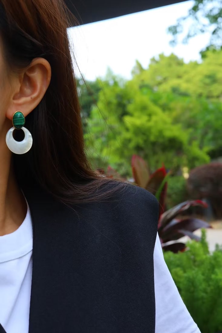 925 silver plated with 18k gold, white mother of pearl and peacock stone earrings - 6