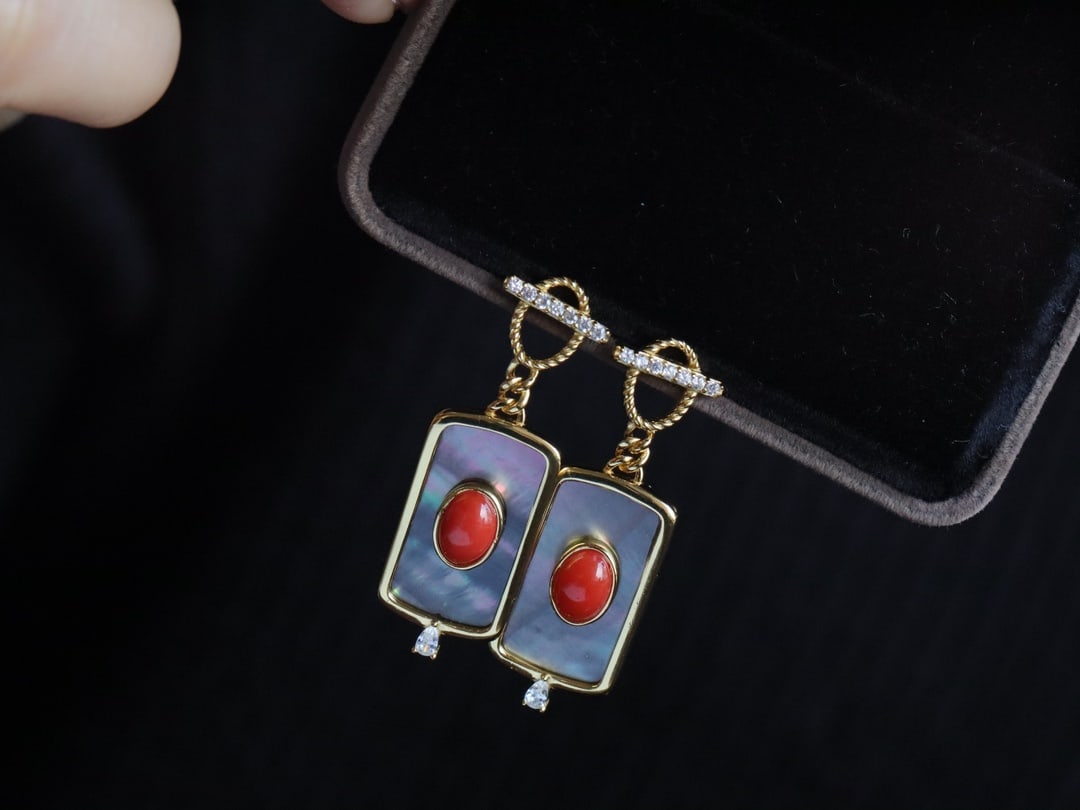 S925 silver red coral black shell earrings - 2