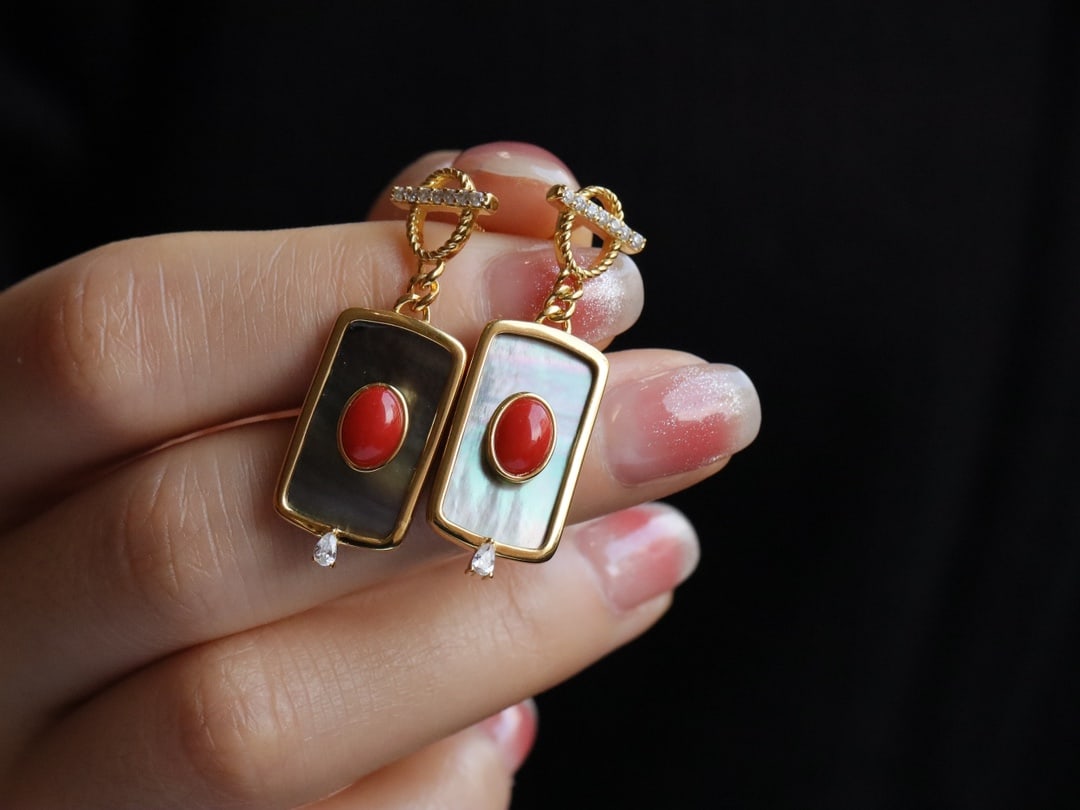 S925 silver red coral black shell earrings - 3