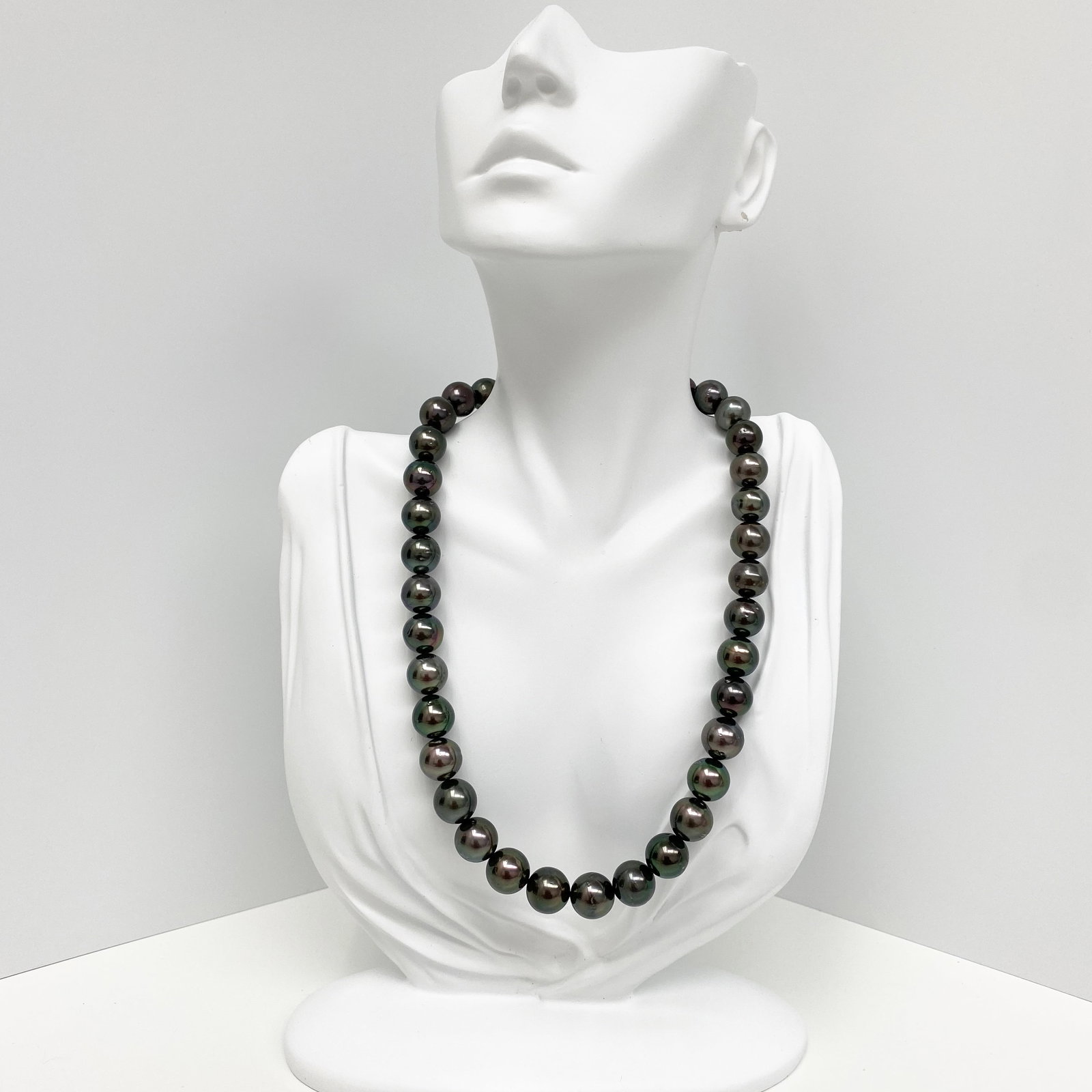 11-13mm Tahitian Dark Green Round/Near-Round Pearl Necklace with 14k Clasp - 3