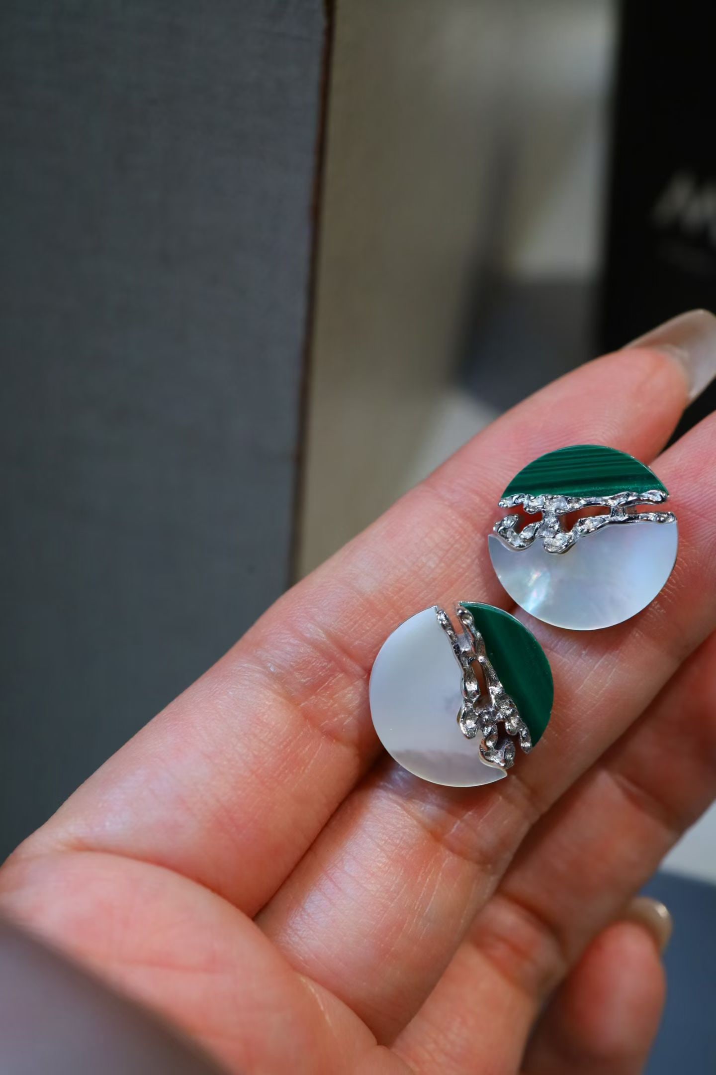 Sterling silver peacock turquoise white shell stud earrings - 2