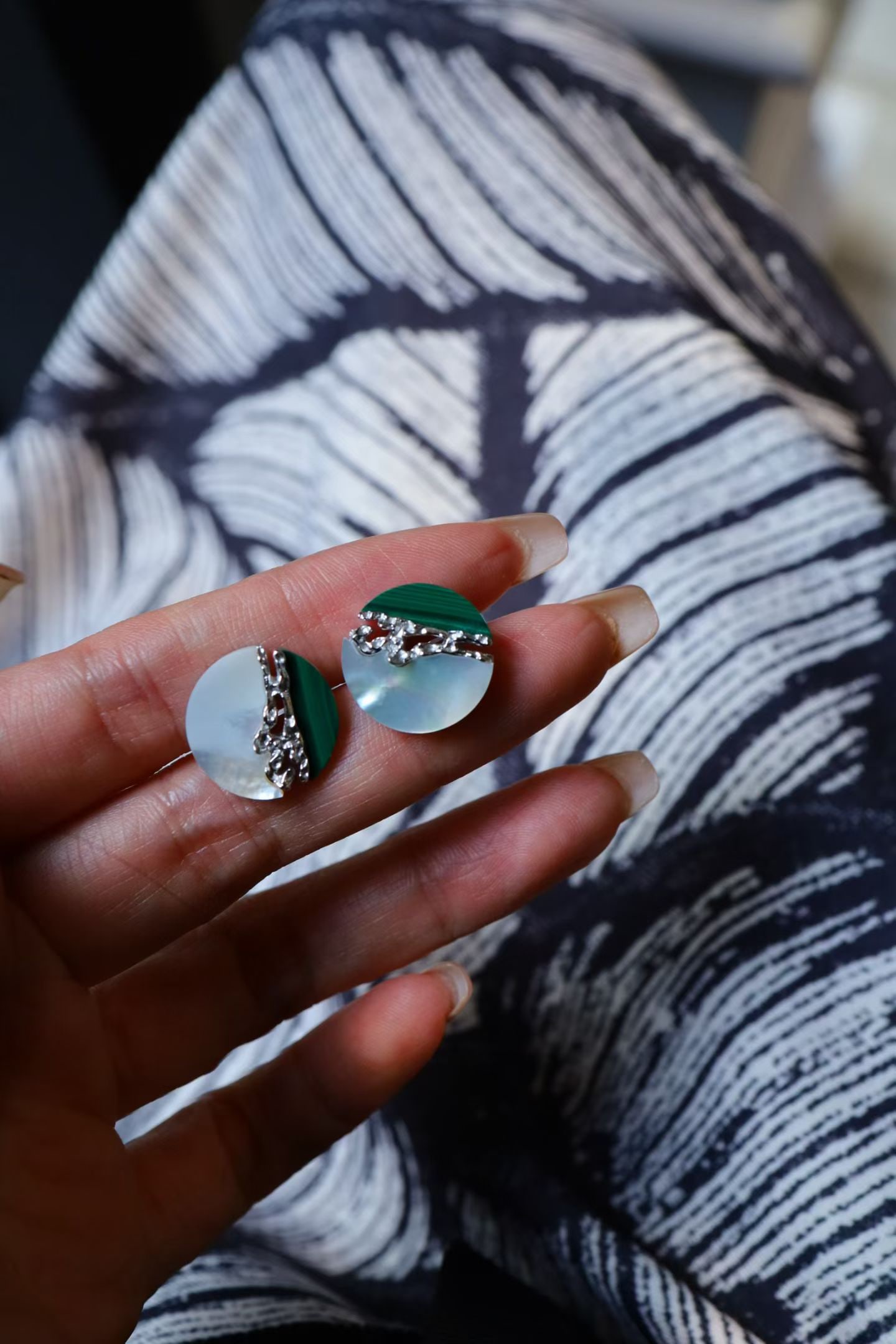 Sterling silver peacock turquoise white shell stud earrings - 3