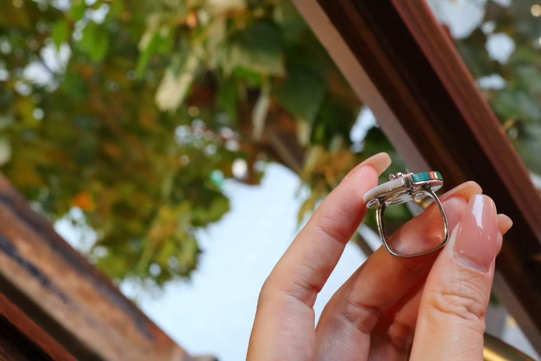 Sterling silver peacock turquoise white shell stud earrings - 7