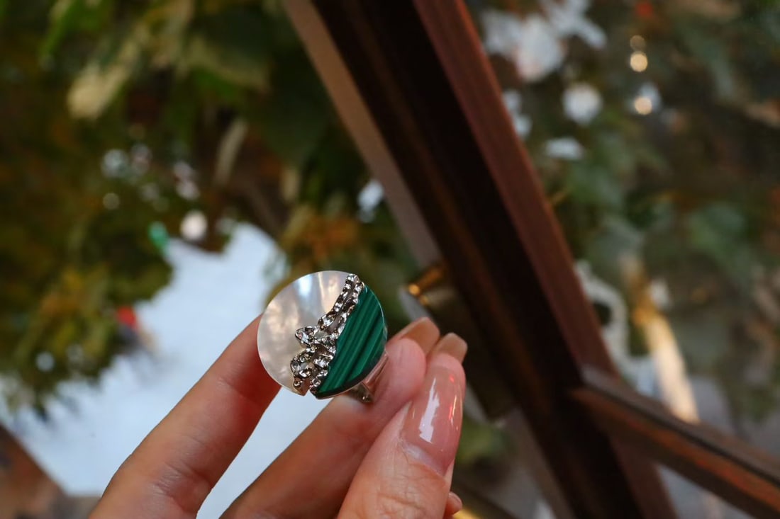 Sterling silver peacock turquoise white shell stud earrings - 9