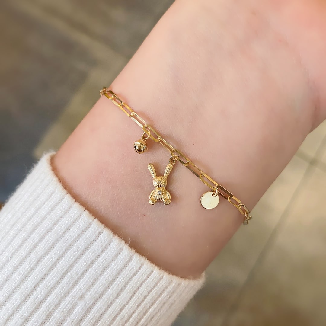 18K gold diamond rabbit bracelet, adjustable - 2