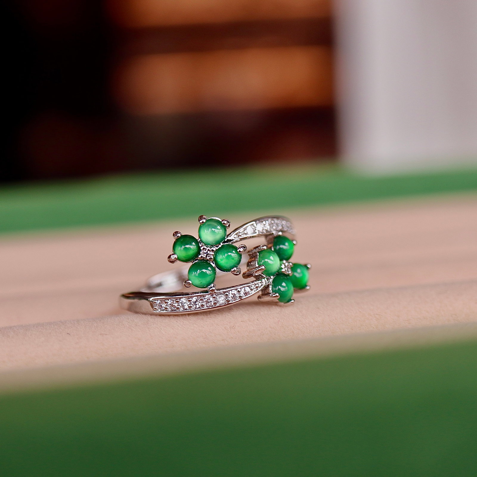 Jade double four-leaf clover ring - 2