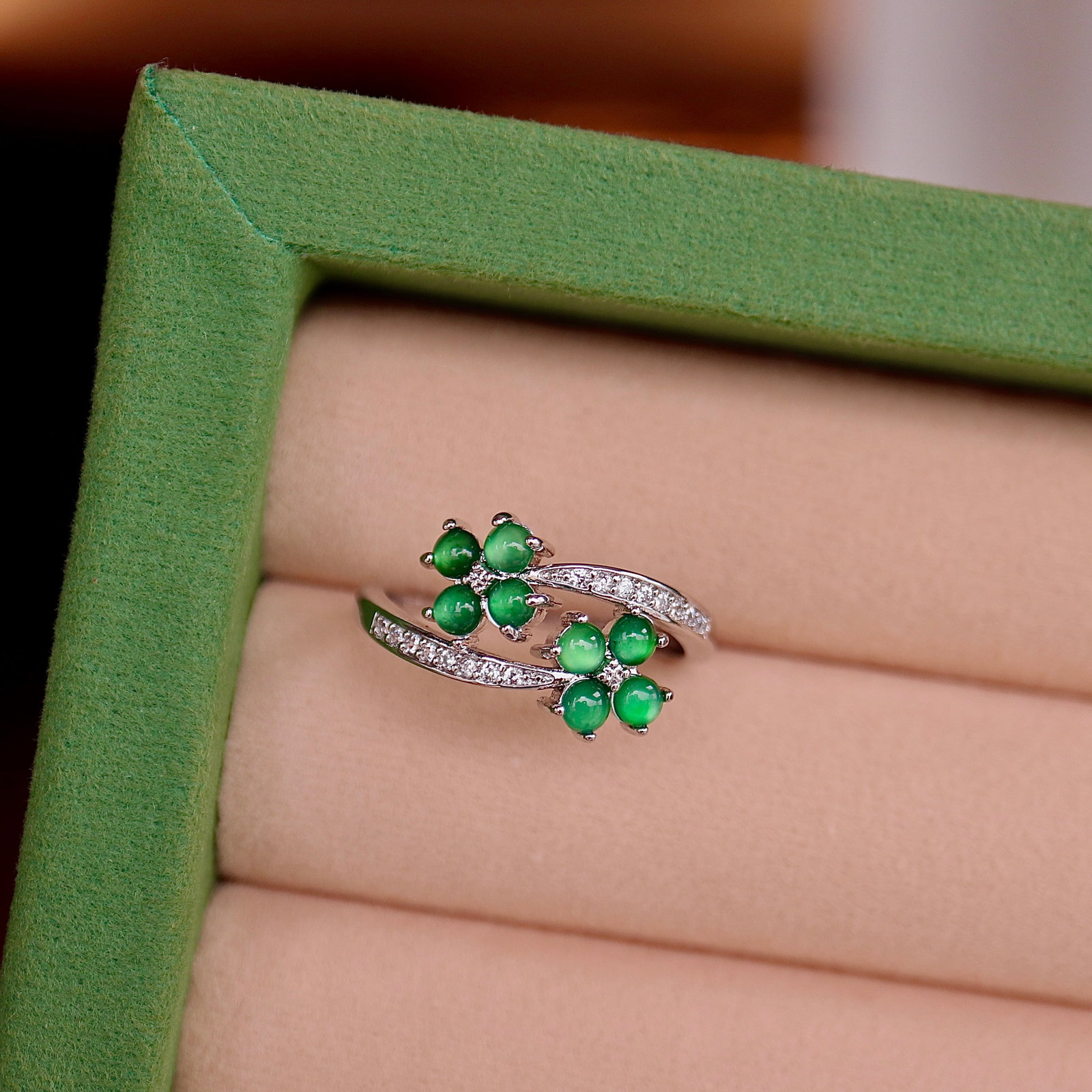 Jade double four-leaf clover ring - 4